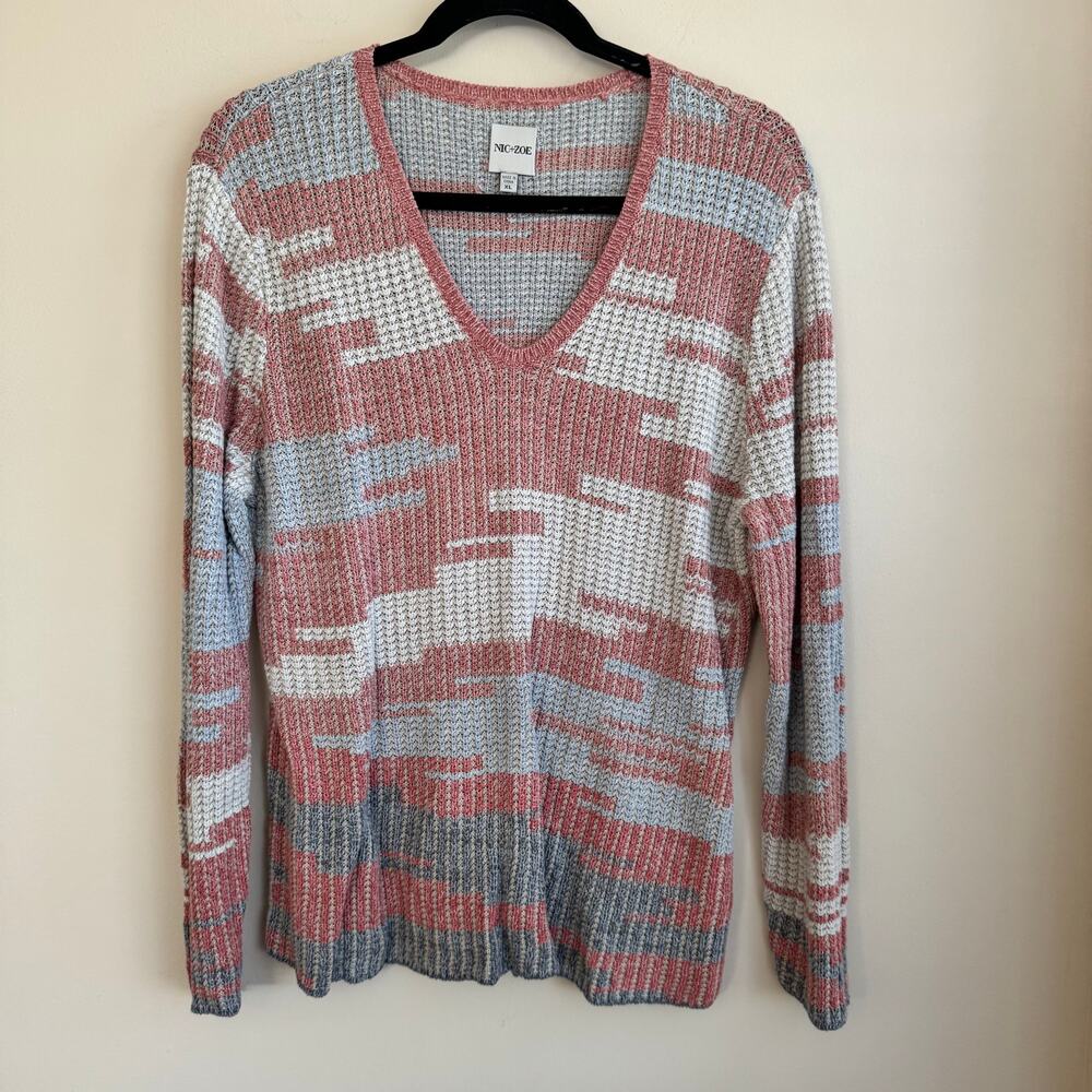 Nic + Zoe Linen Chunky Knit Sweater Gray Orange Sz XL